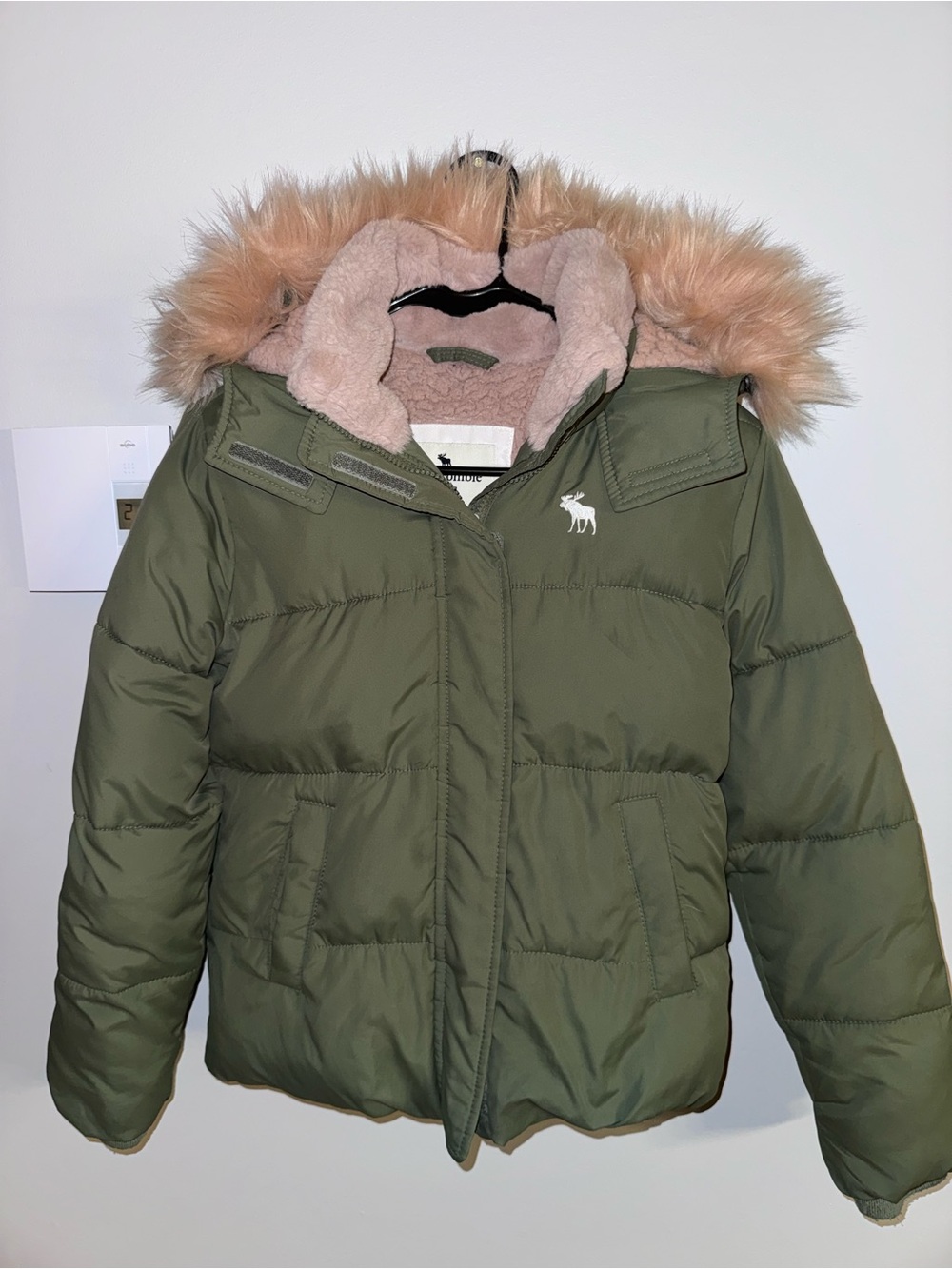 abercrombie kids Olive Green Puffer Coat with Faux Fur Hood